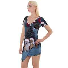 Christmas, Cute Dogs With Christmas Hat Short Sleeve Asymmetric Mini Dress by FantasyWorld7