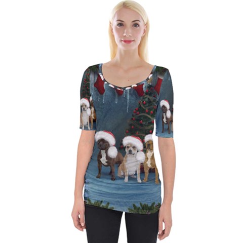 Christmas, Cute Dogs With Christmas Hat Wide Neckline Tee by FantasyWorld7