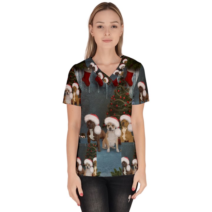 Christmas, Cute Dogs With Christmas Hat Women s V-Neck Scrub Top