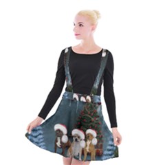 Christmas, Cute Dogs With Christmas Hat Suspender Skater Skirt by FantasyWorld7