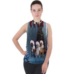 Christmas, Cute Dogs With Christmas Hat Mock Neck Chiffon Sleeveless Top by FantasyWorld7