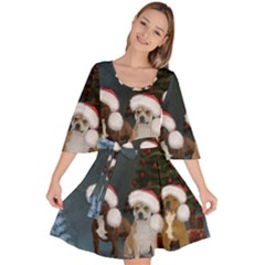 Christmas, Cute Dogs With Christmas Hat Velour Kimono Dress by FantasyWorld7