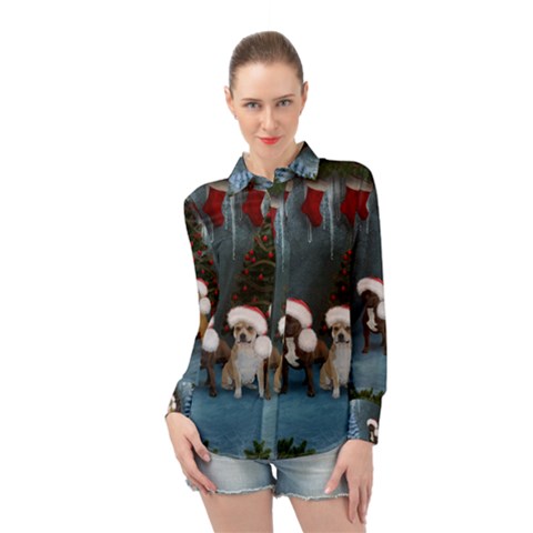 Christmas, Cute Dogs With Christmas Hat Long Sleeve Chiffon Shirt by FantasyWorld7