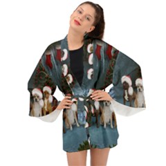 Christmas, Cute Dogs With Christmas Hat Long Sleeve Kimono