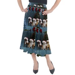 Christmas, Cute Dogs With Christmas Hat Midi Mermaid Skirt by FantasyWorld7