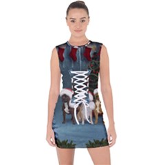 Christmas, Cute Dogs With Christmas Hat Lace Up Front Bodycon Dress by FantasyWorld7