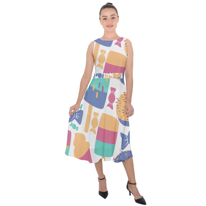 Icecream Pattern Pastel Sumer Midi Tie-Back Chiffon Dress