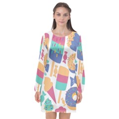 Icecream Pattern Pastel Sumer Long Sleeve Chiffon Shift Dress  by Vaneshart