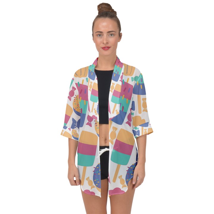 Icecream Pattern Pastel Sumer Open Front Chiffon Kimono