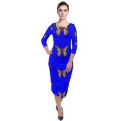 Butterfly Pattern Blue Insects Quarter Sleeve Midi Velour Bodycon Dress by Vaneshart