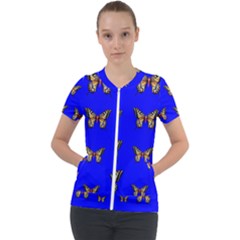 Butterfly Pattern Blue Insects Short Sleeve Zip Up Jacket by Vaneshart