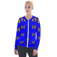 Butterfly Pattern Blue Insects Velour Zip Up Jacket by Vaneshart