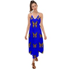 Butterfly Pattern Blue Insects Halter Tie Back Dress 