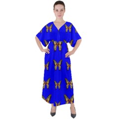 Butterfly Pattern Blue Insects V-neck Boho Style Maxi Dress