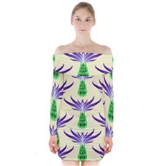 Thistles Purple Flora Flowering Long Sleeve Off Shoulder Dress by Vaneshart