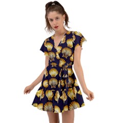 Snails See Shells Golden Flutter Sleeve Wrap Dress