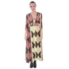 Butterflies Pink Old Old Texture Button Up Maxi Dress