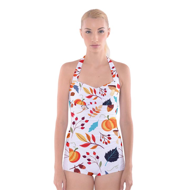 Pattern Pumpkins Autumn Boyleg Halter Swimsuit 