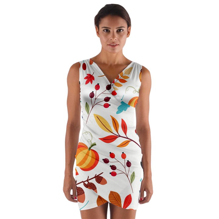 Pattern Pumpkins Autumn Wrap Front Bodycon Dress