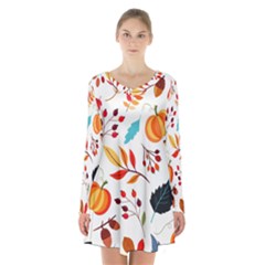 Pattern Pumpkins Autumn Long Sleeve Velvet V-neck Dress by Vaneshart