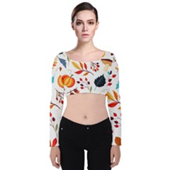 Pattern Pumpkins Autumn Velvet Long Sleeve Crop Top by Vaneshart