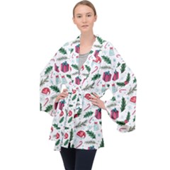 Christmas Background Long Sleeve Velvet Kimono 