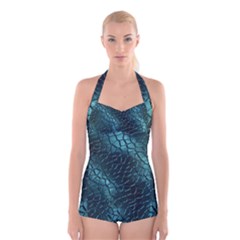 Texture Glass Network Glass Blue Boyleg Halter Swimsuit  by Vaneshart