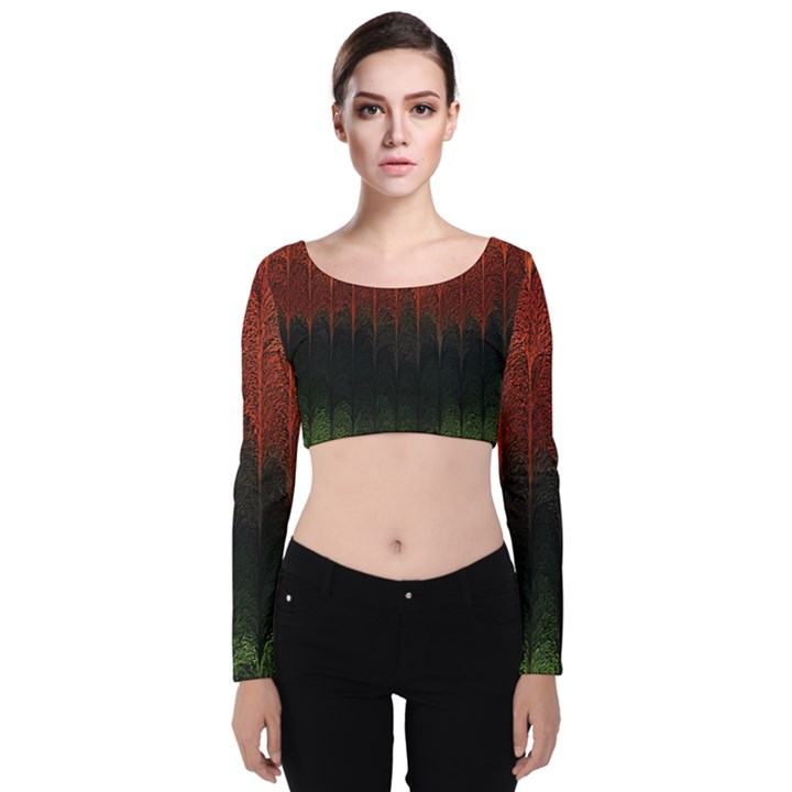 Texture Hatched Stamping Tissue Velvet Long Sleeve Crop Top