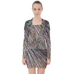 Peacock Feathers Pattern Colorful V-neck Bodycon Long Sleeve Dress by Vaneshart