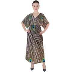 Peacock Feathers Pattern Colorful V-neck Boho Style Maxi Dress