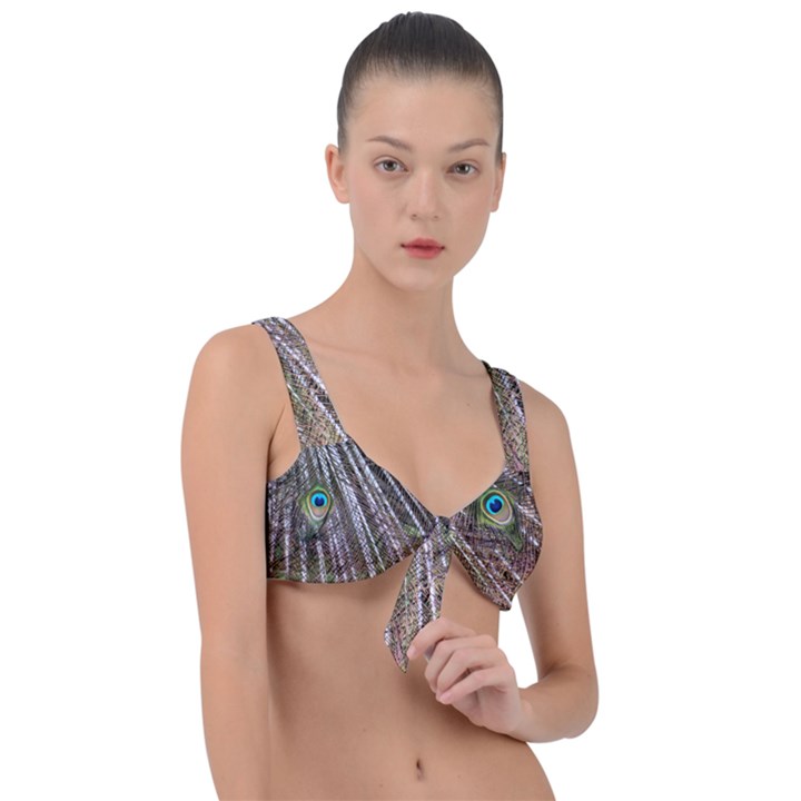 Peacock Feathers Pattern Colorful Front Tie Bikini Top