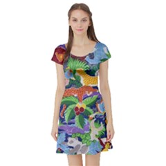 Animated Safari Animals Background Short Sleeve Skater Dress