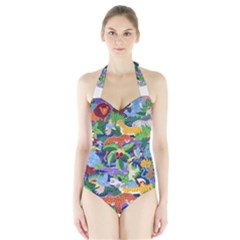 Animated Safari Animals Background Halter Swimsuit by Vaneshart