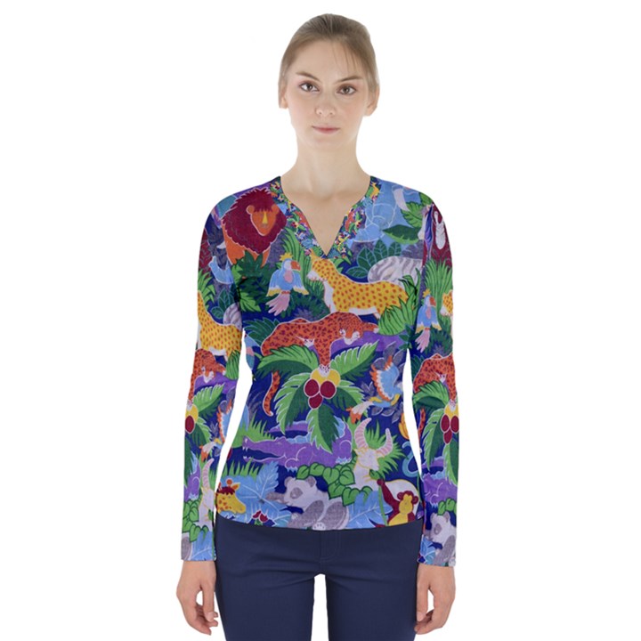 Animated Safari Animals Background V-Neck Long Sleeve Top