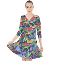 Animated Safari Animals Background Quarter Sleeve Front Wrap Dress