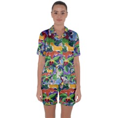 Animated Safari Animals Background Satin Short Sleeve Pyjamas Set by Vaneshart