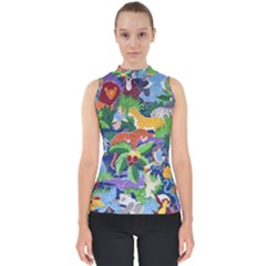 Animated Safari Animals Background Mock Neck Shell Top