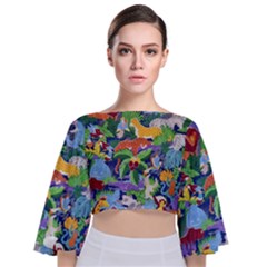 Animated Safari Animals Background Tie Back Butterfly Sleeve Chiffon Top