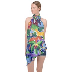 Animated Safari Animals Background Halter Asymmetric Satin Top