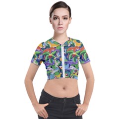 Animated Safari Animals Background Short Sleeve Cropped Jacket