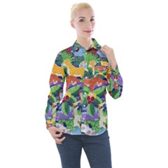 Animated Safari Animals Background Women s Long Sleeve Pocket Shirt