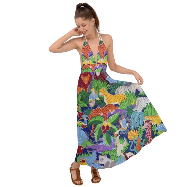 Animated Safari Animals Background Backless Maxi Beach Dress