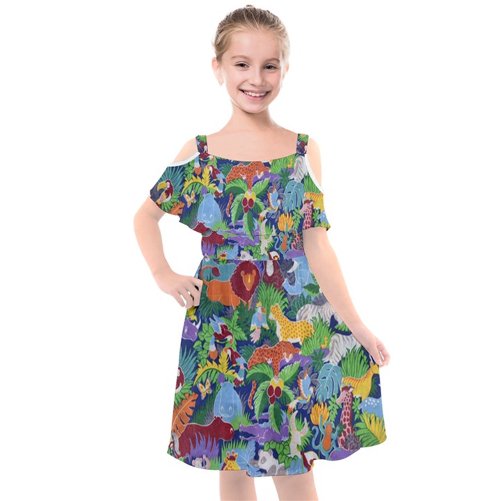 Animated Safari Animals Background Kids  Cut Out Shoulders Chiffon Dress