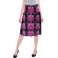 In The Dark Is Rain And Fantasy Flowers Decorative Midi Beach Skirt by pepitasart