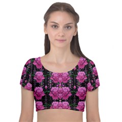 In The Dark Is Rain And Fantasy Flowers Decorative Velvet Short Sleeve Crop Top  by pepitasart