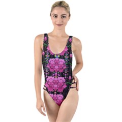 In The Dark Is Rain And Fantasy Flowers Decorative High Leg Strappy Swimsuit by pepitasart