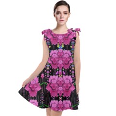 In The Dark Is Rain And Fantasy Flowers Decorative Tie Up Tunic Dress