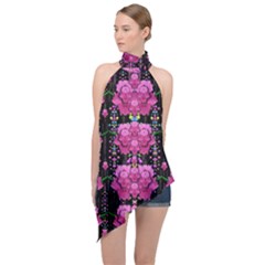 In The Dark Is Rain And Fantasy Flowers Decorative Halter Asymmetric Satin Top