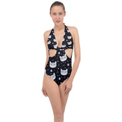 Gothic Cat Halter Front Plunge Swimsuit by Valentinaart