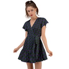 Black Rose Blue Flutter Sleeve Wrap Dress by snowwhitegirl